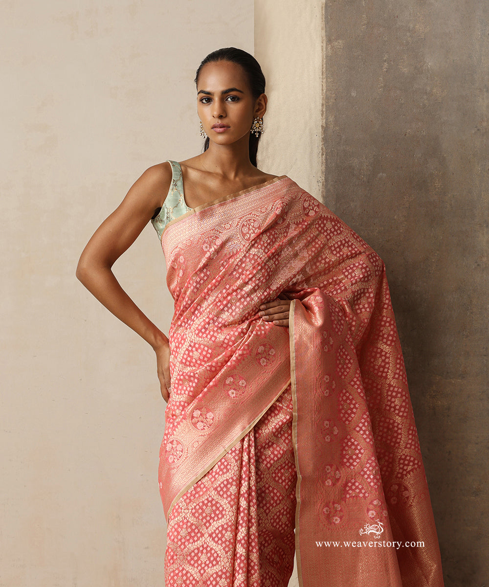 Coral Pink Handloom Kora Cotton Kadhwa Banarasi Saree With Allover Floral Jaal And Beige Selvedge