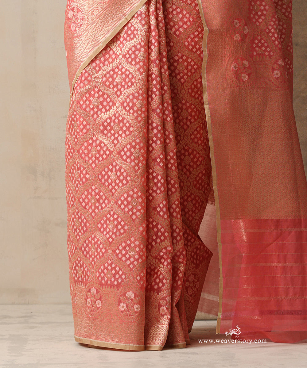Coral Pink Handloom Kora Cotton Kadhwa Banarasi Saree With Allover Floral Jaal And Beige Selvedge