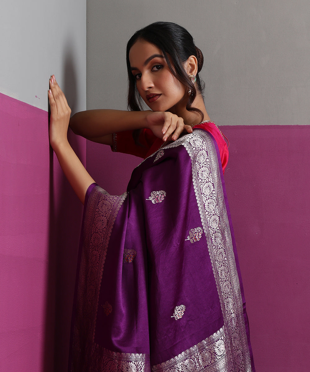 Deep_Purple_Mashru_Silk_Banarasi_Saree_With_Floral_Motifs_&_Pink_Meena_WeaverStory_01