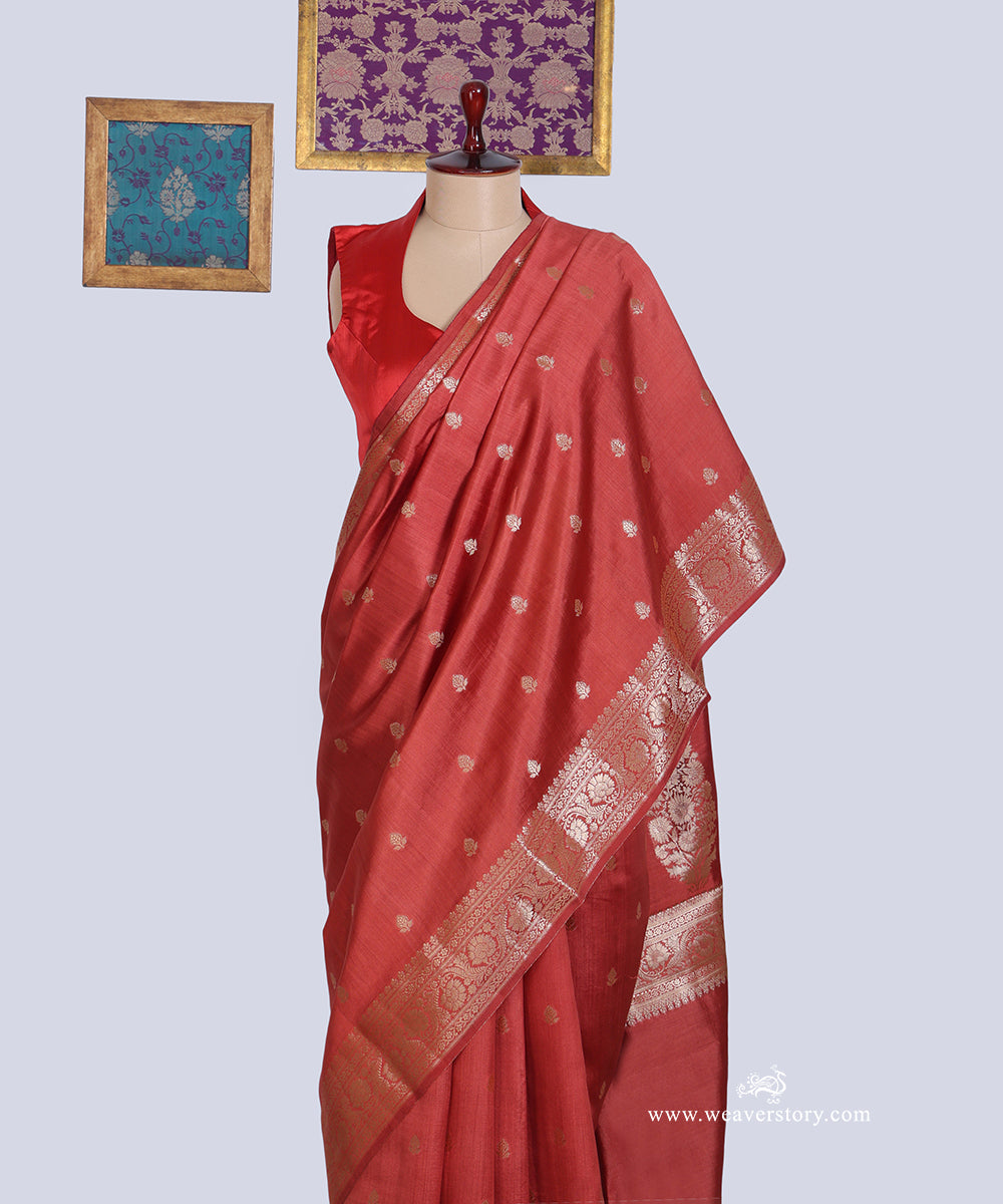 Rust_Handloom_Pure_Chiniya_Silk_Banarasi_Saree_With_Cutwork_Boota_And_Havey_Blouse_WeaverStory_02
