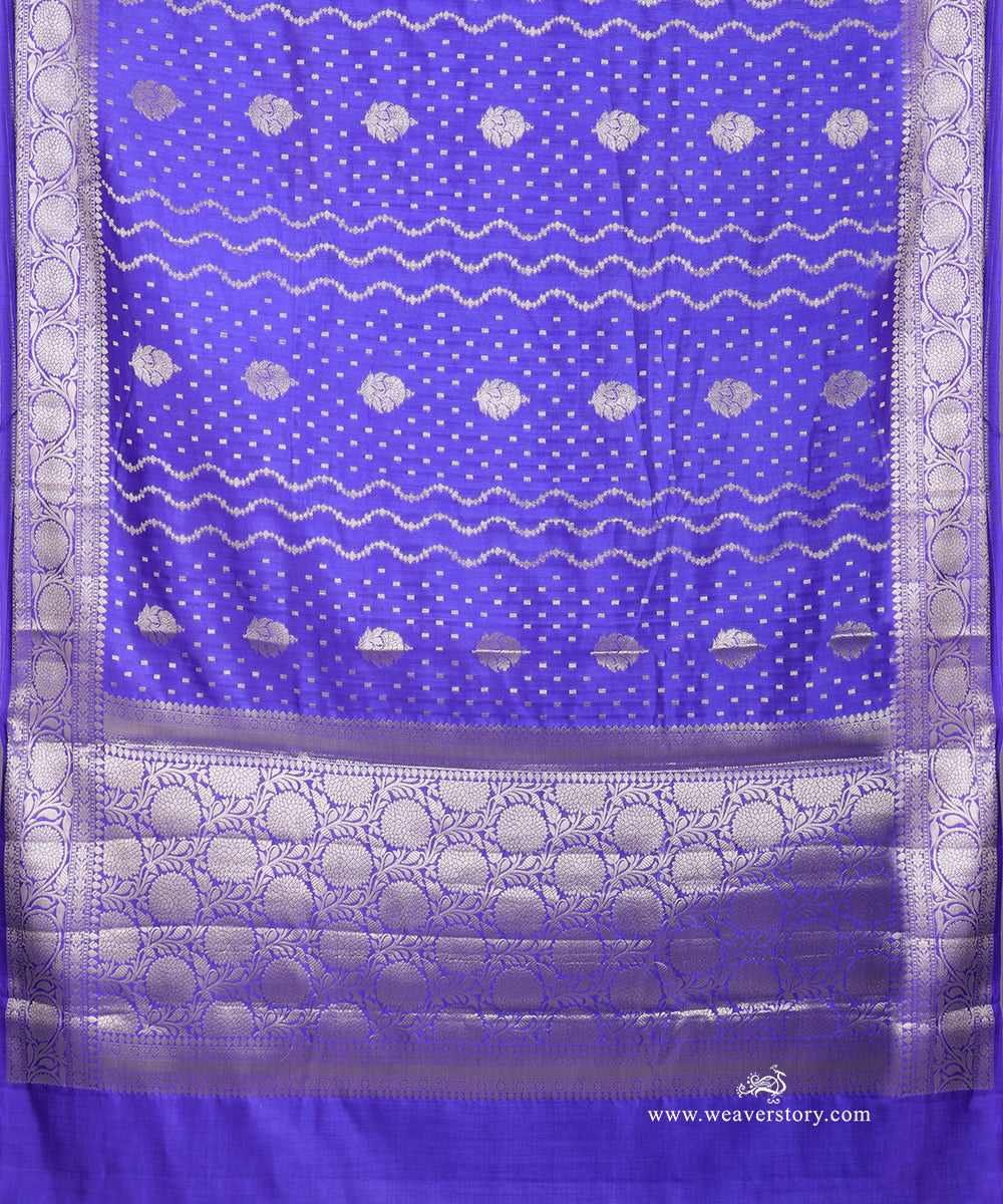 Blue_Handloom_Pure_Chiniya_Silk_Banarasi_Saree_With_Gold_Zari_Flower_Border_WeaverStory_04