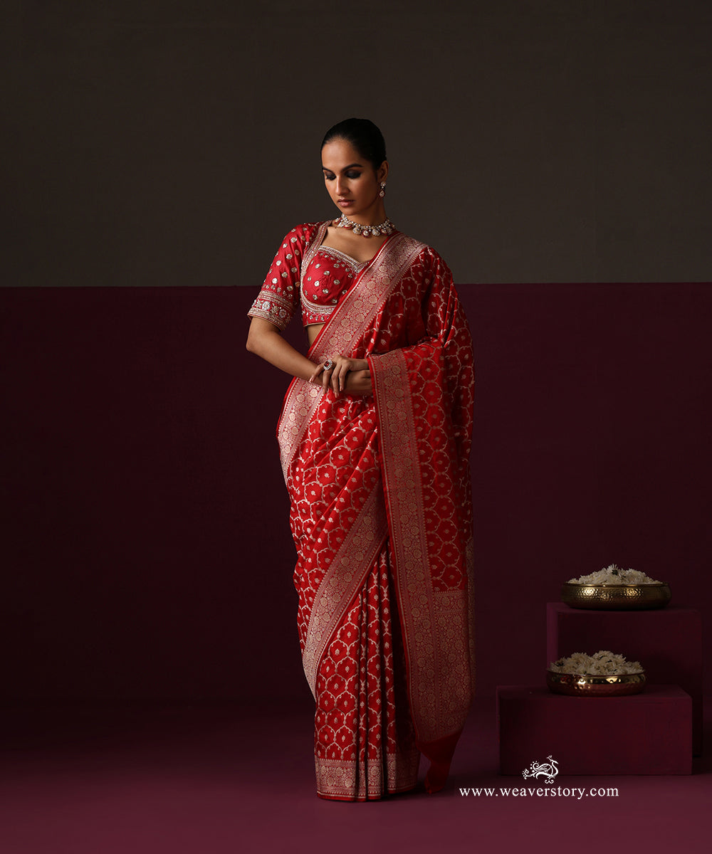 Red Pure Katan Silk Banarasi Cutwork Saree With Floral Border