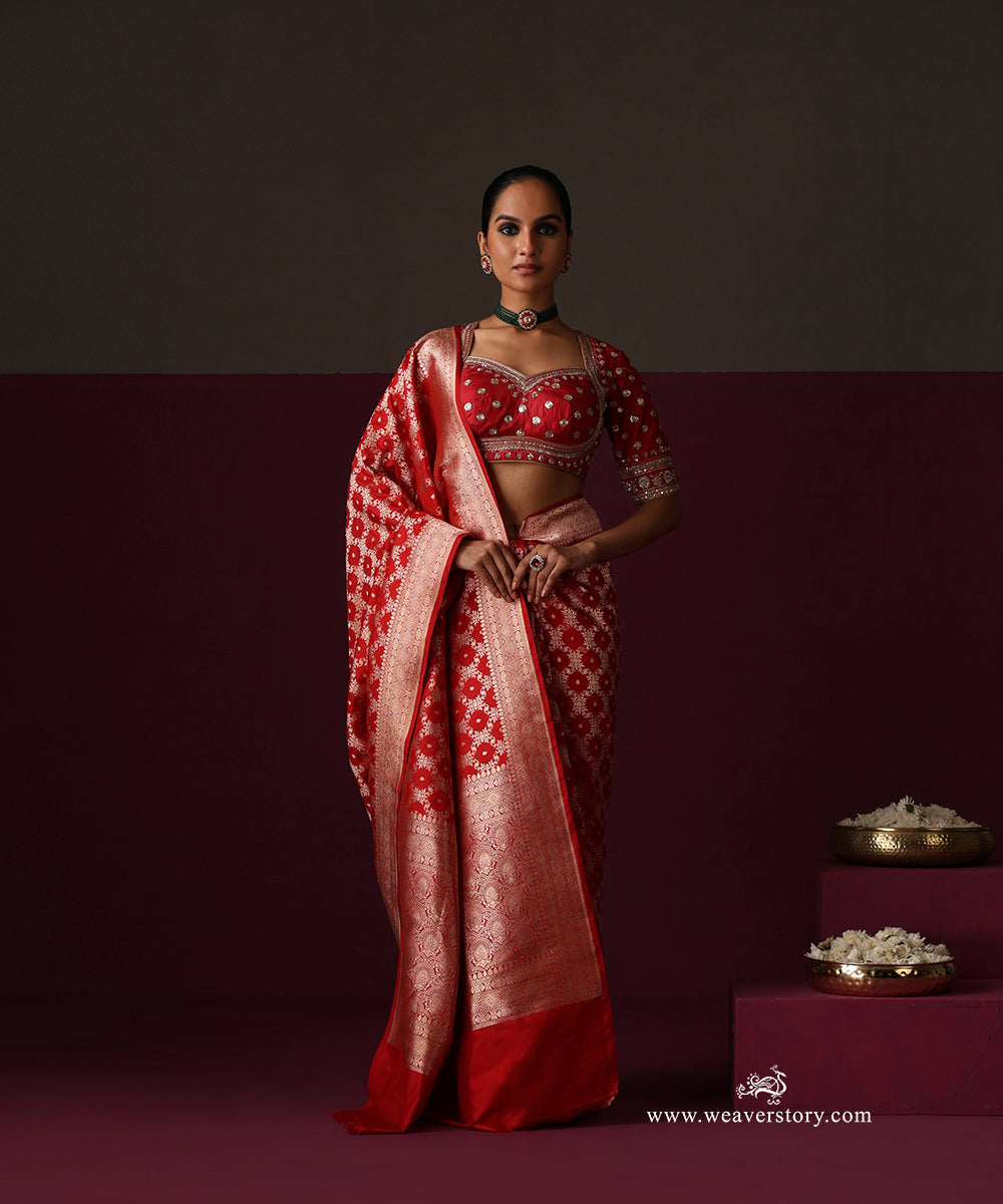 Red Pure Katan Silk Banarasi Cutwork Saree With Floral Jaal