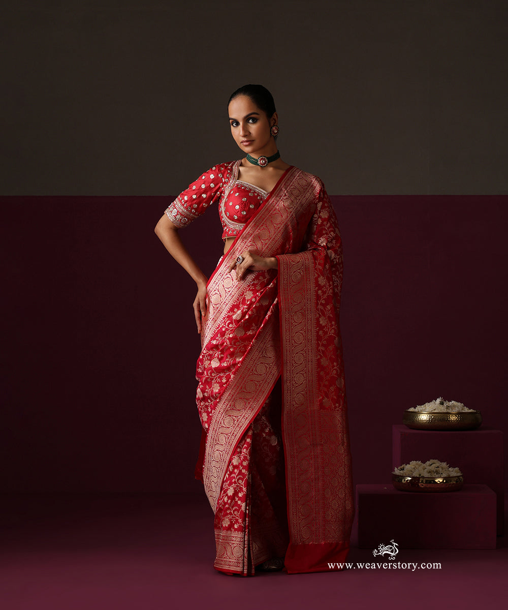 Pink Pure Katan Silk Banarasi Saree With All-Over Floral Jaal
