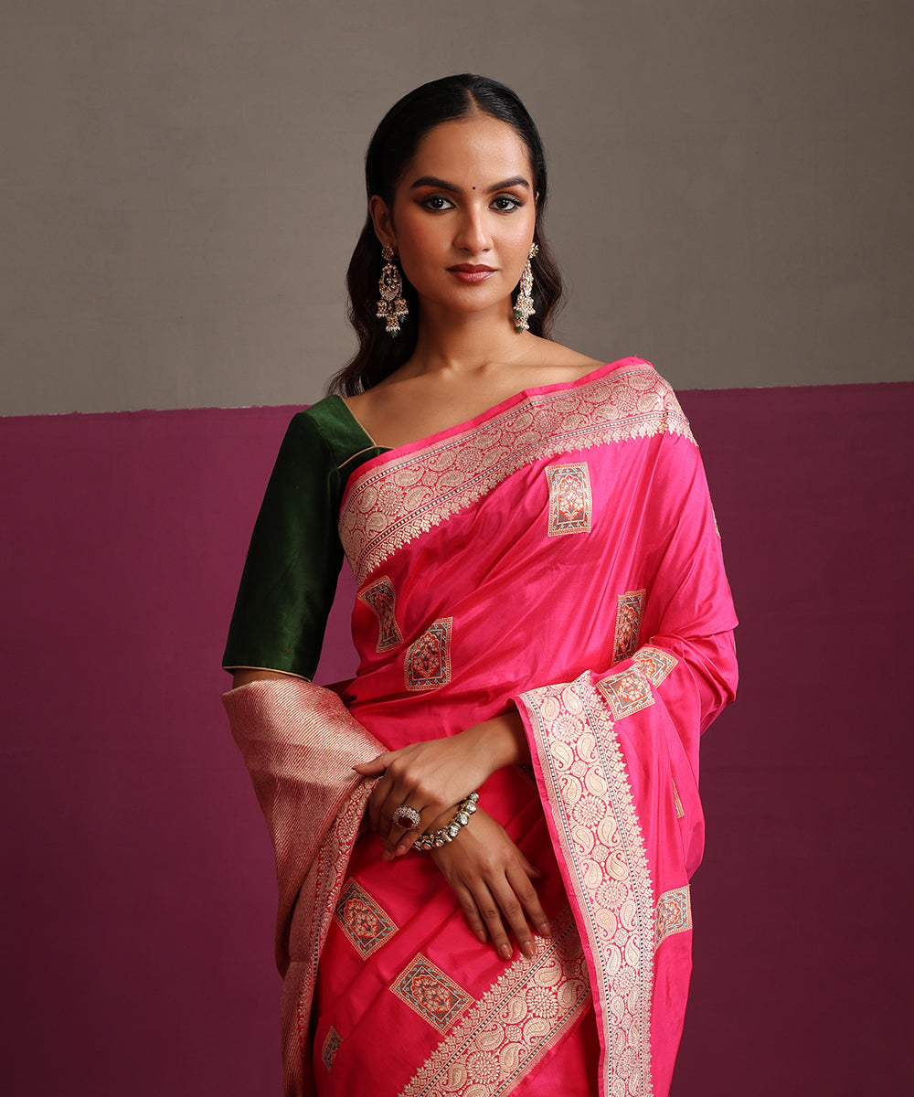 Hot_Pink_Pure_Katan_Silk_Banarasi_Kadhwa_Saree_With_Meenakari_Boota_WeaverStory_01