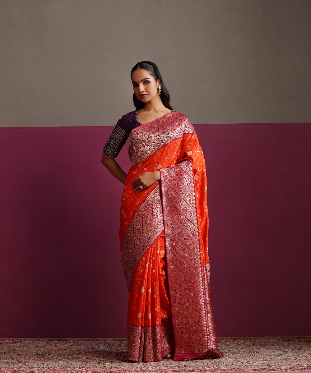 Orange_Pure_Katan_Silk_Banarasi_Ektara_Saree_With_Plum_Meenakari_Border_WeaverStory_02