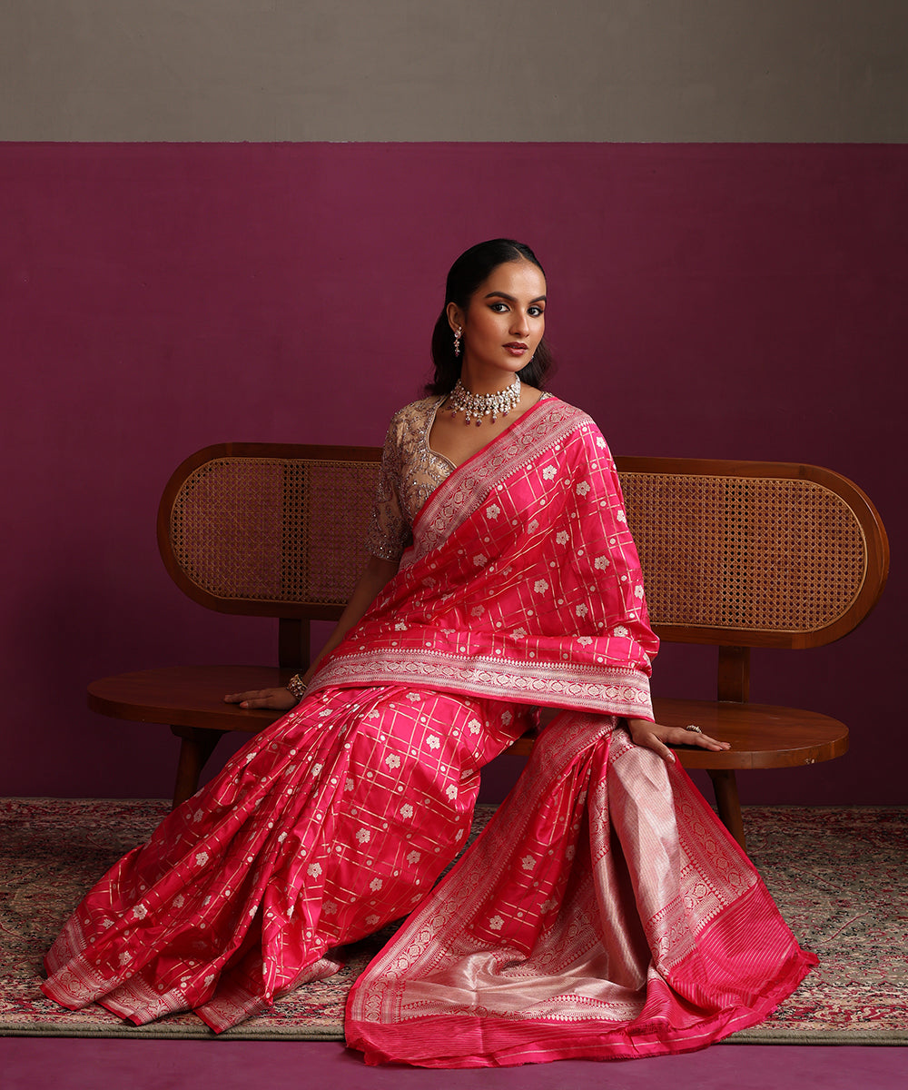 Hot_Pink_Pure_Katan_Silk_Banarasi_Checks_Saree_With_Meena_Silver_Zari_Booti_WeaverStory_01