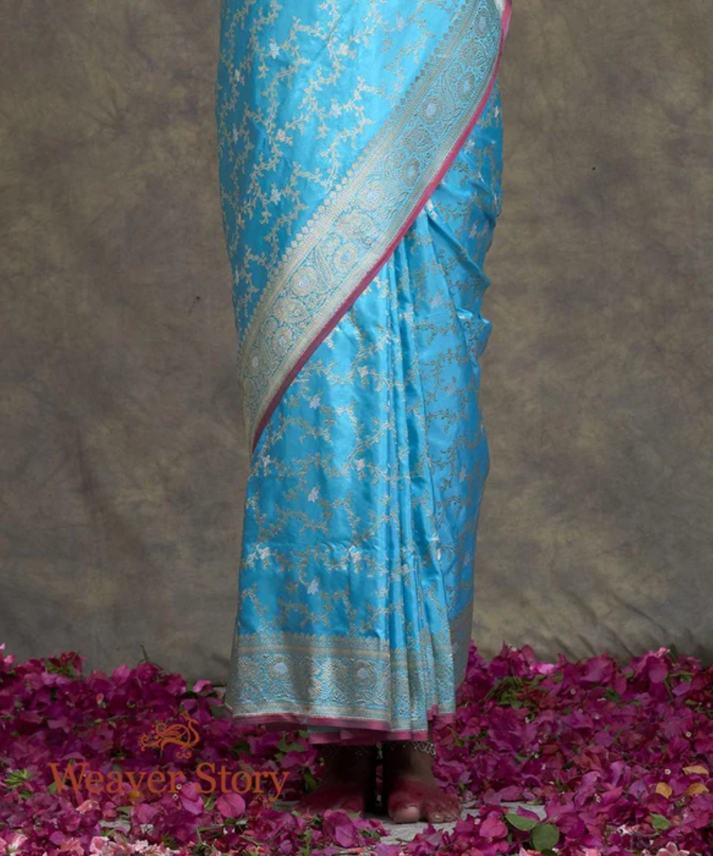 Handwoven Sky Blue Banarasi Jangla Saree With Pink Selvedge