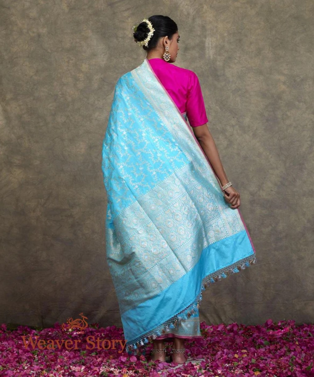 Handwoven Sky Blue Banarasi Jangla Saree With Pink Selvedge