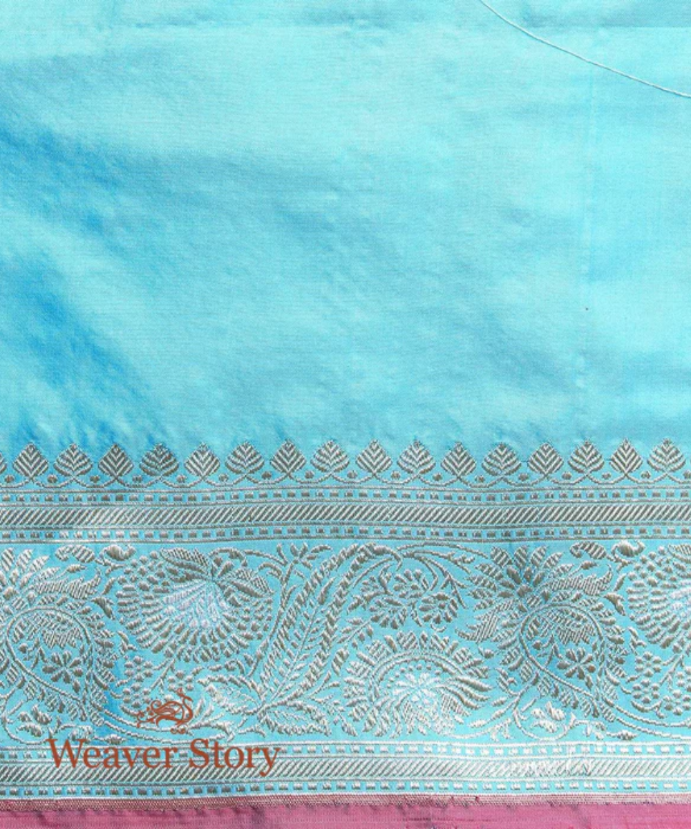 Handwoven Sky Blue Banarasi Jangla Saree With Pink Selvedge