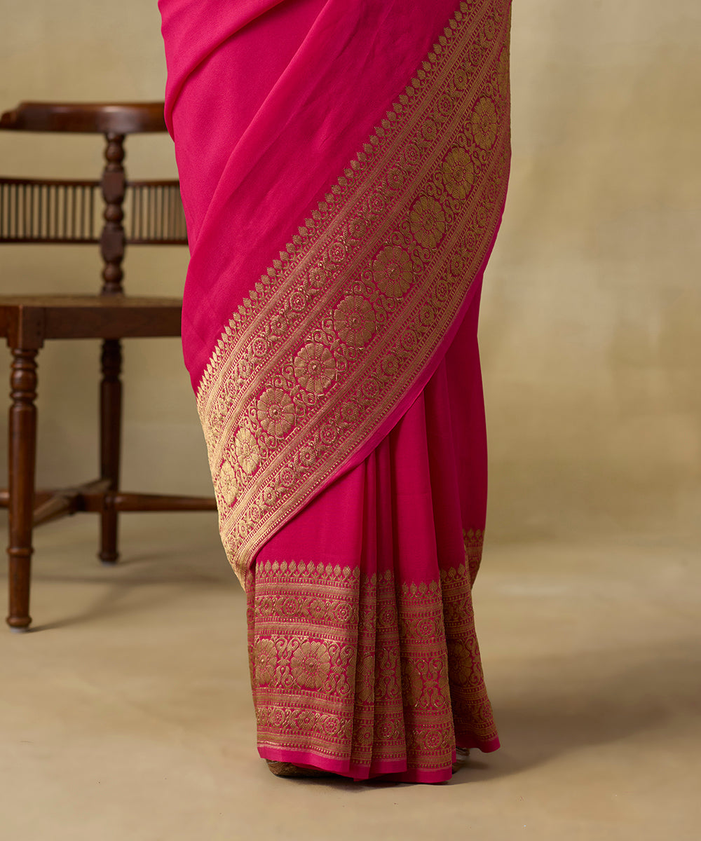 Handloom_Pink_Pure_Georgette_Banarasi_Saree_With_Kadhwa_Border_WeaverStory_04
