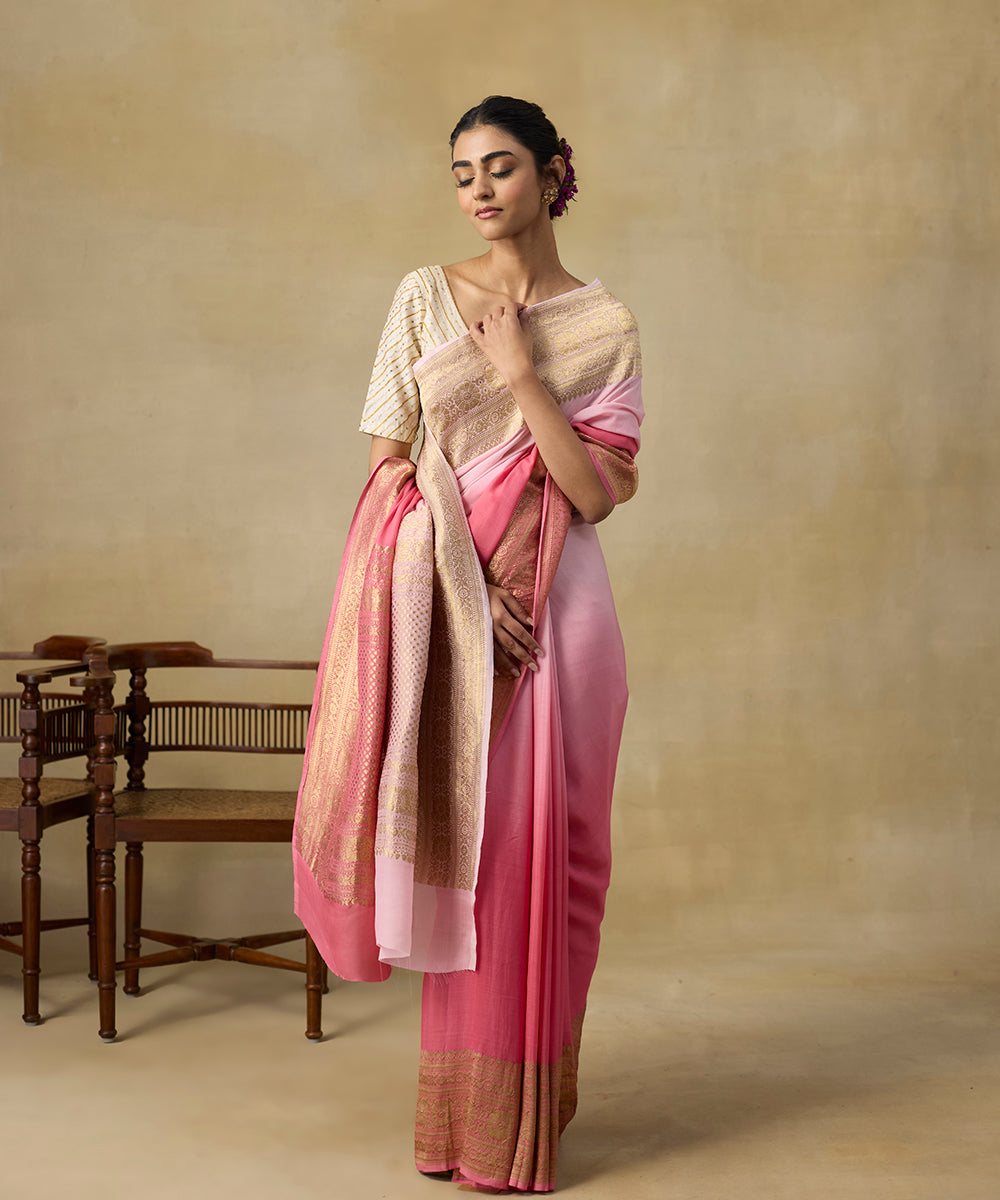 Pink_Handloom_Pure_Georgette_Banarasi_Saree_With_Kadhwa_Border_WeaverStory_01