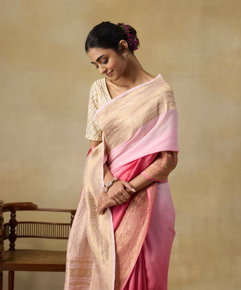 Pink_Handloom_Pure_Georgette_Banarasi_Saree_With_Kadhwa_Border_WeaverStory_02
