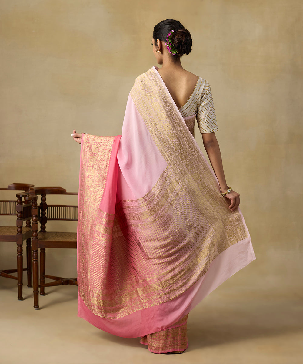Pink_Handloom_Pure_Georgette_Banarasi_Saree_With_Kadhwa_Border_WeaverStory_03