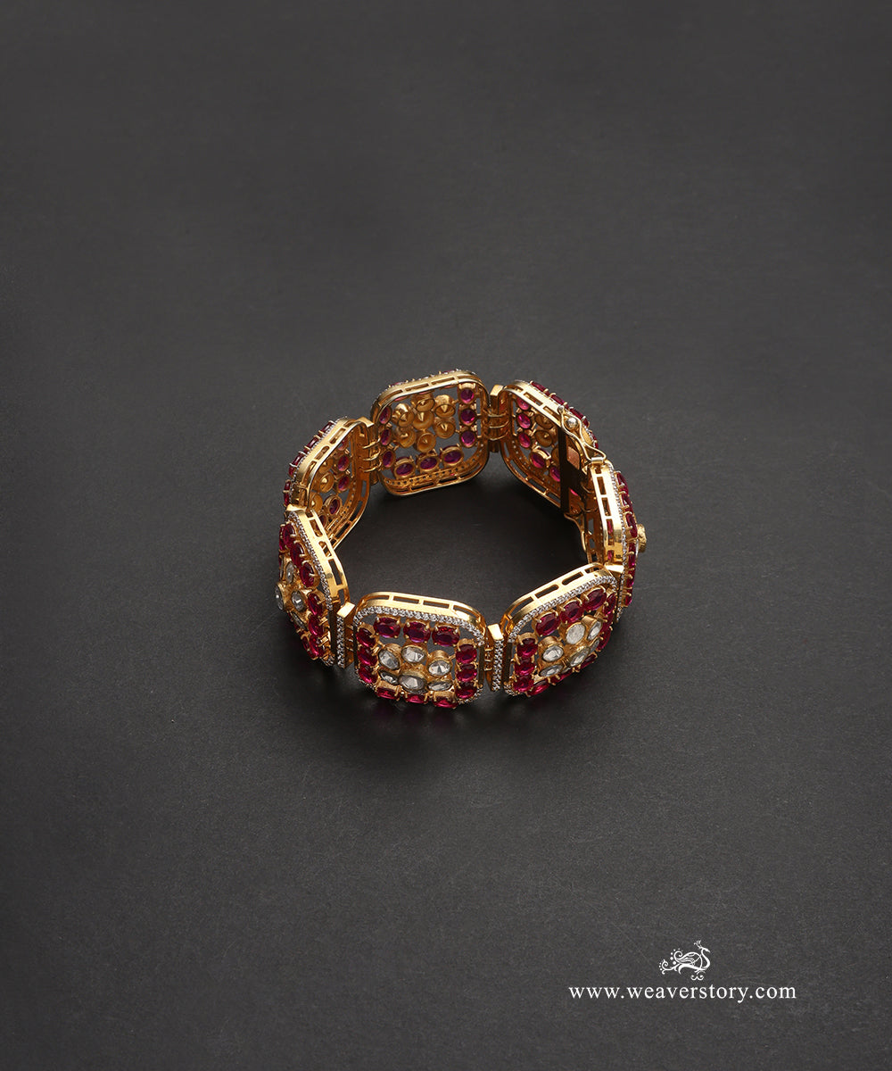 Hina_Handcrafted_Pure_Silver_Moissanite_Polki_Bracelet_With_Red_Semi_Precious_Stones_WeaverStory_03