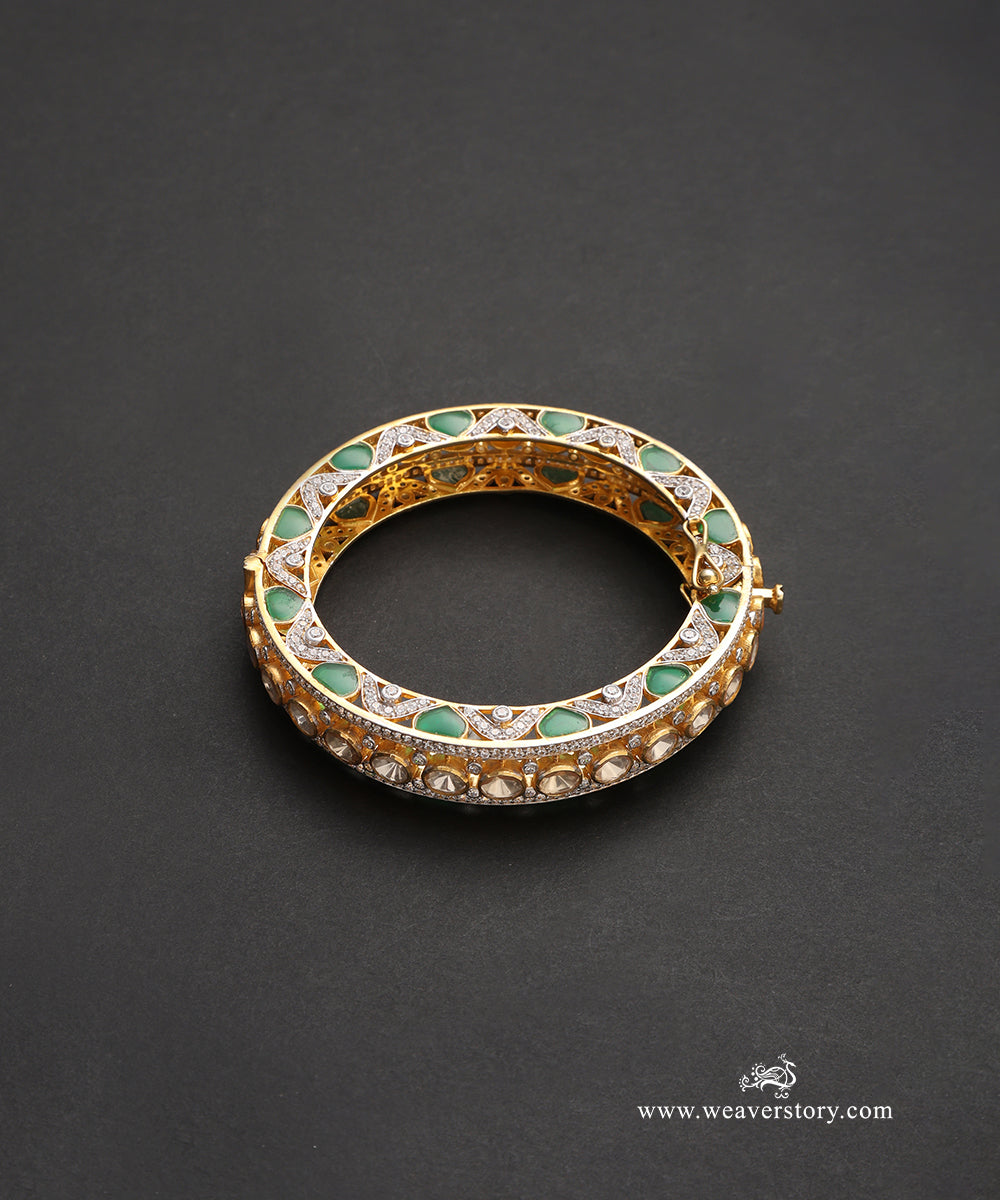 Nuha_Handcrafted_Pure_Silver_Moissanite_Polki_Bangles_With_Green_Semi_Precious_Stones_WeaverStory_03