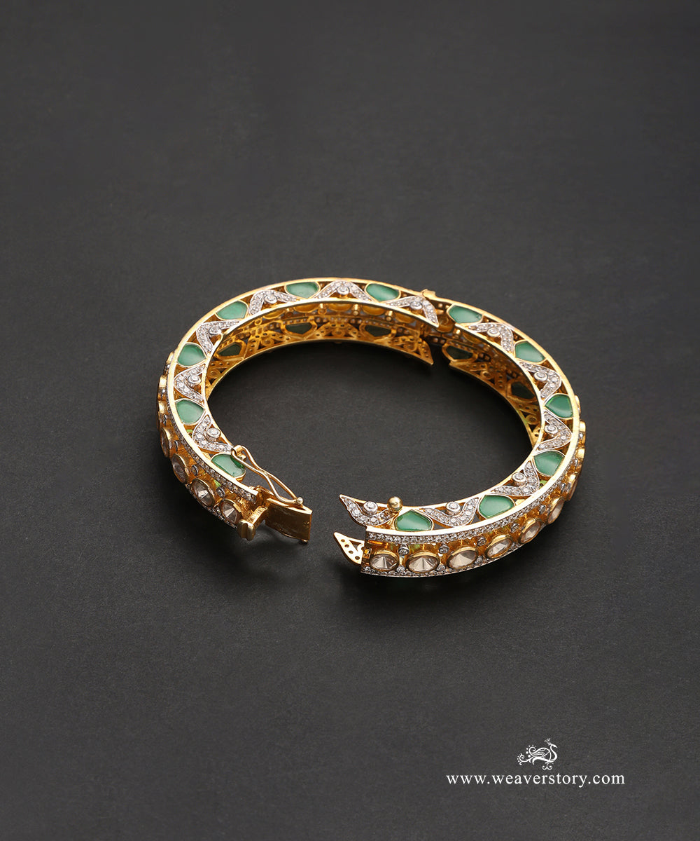 Nuha_Handcrafted_Pure_Silver_Moissanite_Polki_Bangles_With_Green_Semi_Precious_Stones_WeaverStory_04