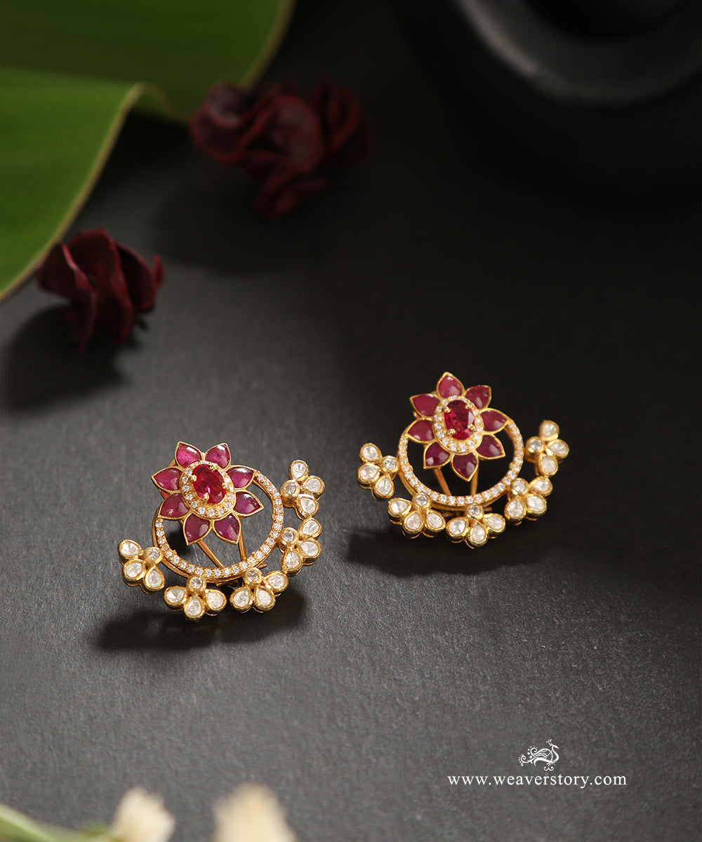 Chhavi_Handcrafted_Pure_Silver_Moissanite_Polki_Studs_With_Red_Semi_Precious_Stones_WeaverStory_01