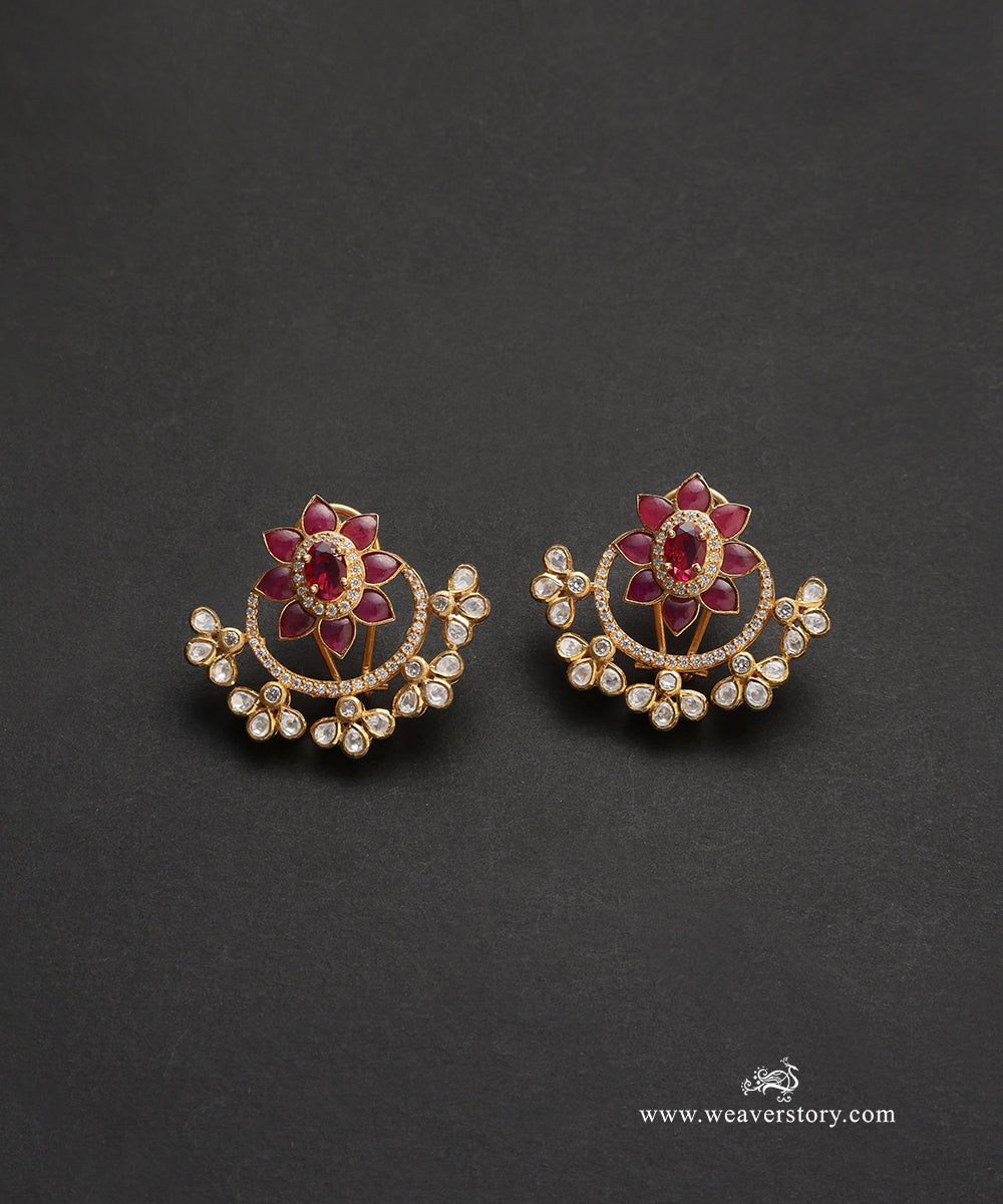 Chhavi_Handcrafted_Pure_Silver_Moissanite_Polki_Studs_With_Red_Semi_Precious_Stones_WeaverStory_02