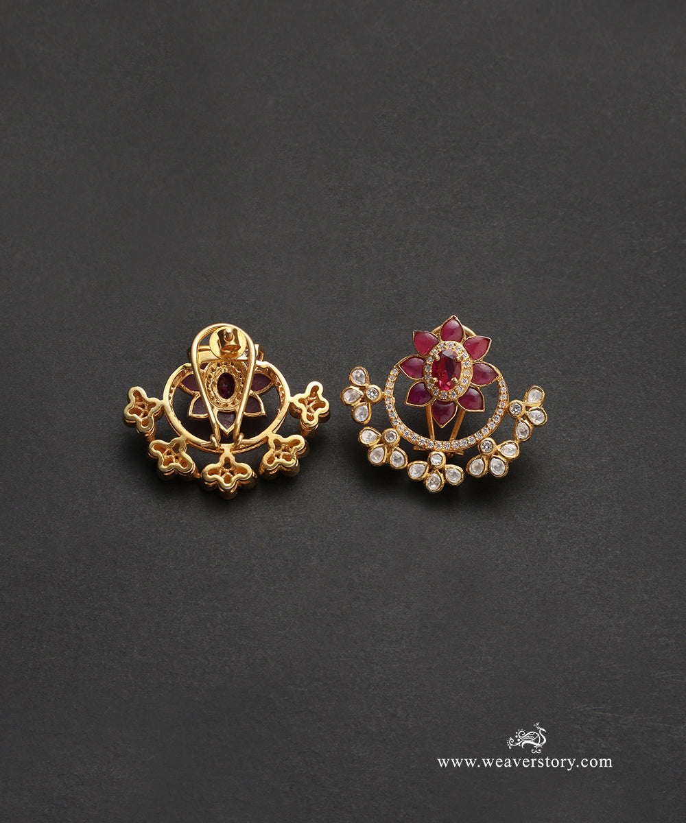 Chhavi_Handcrafted_Pure_Silver_Moissanite_Polki_Studs_With_Red_Semi_Precious_Stones_WeaverStory_03