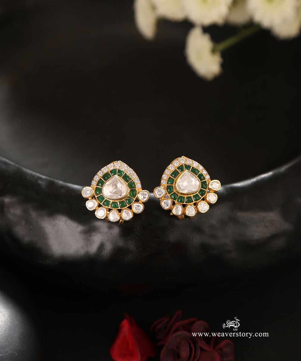 Saisha_Handcrafted_Pure_Silver_Moissanite_Polki_Studs_With_Green_Semi_Precious_Stones_WeaverStory_01
