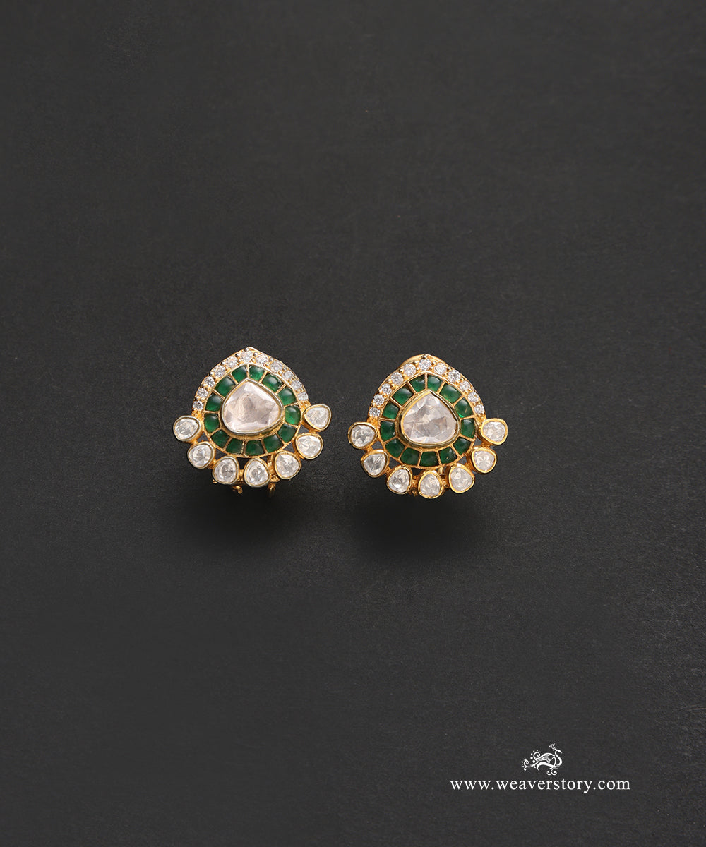 Saisha_Handcrafted_Pure_Silver_Moissanite_Polki_Studs_With_Green_Semi_Precious_Stones_WeaverStory_02
