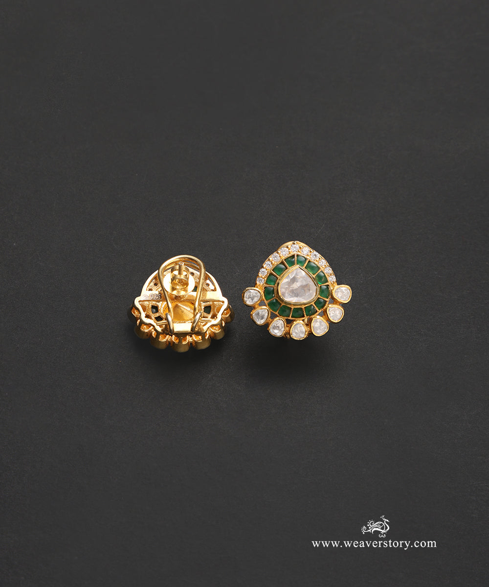 Saisha_Handcrafted_Pure_Silver_Moissanite_Polki_Studs_With_Green_Semi_Precious_Stones_WeaverStory_03