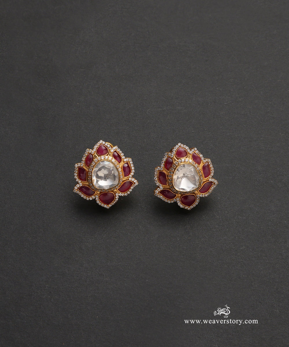 Meghini_Handcrafted_Pure_Silver_Moissanite_Polki_With_Red_Semi_Precious_Stones_WeaverStory_02
