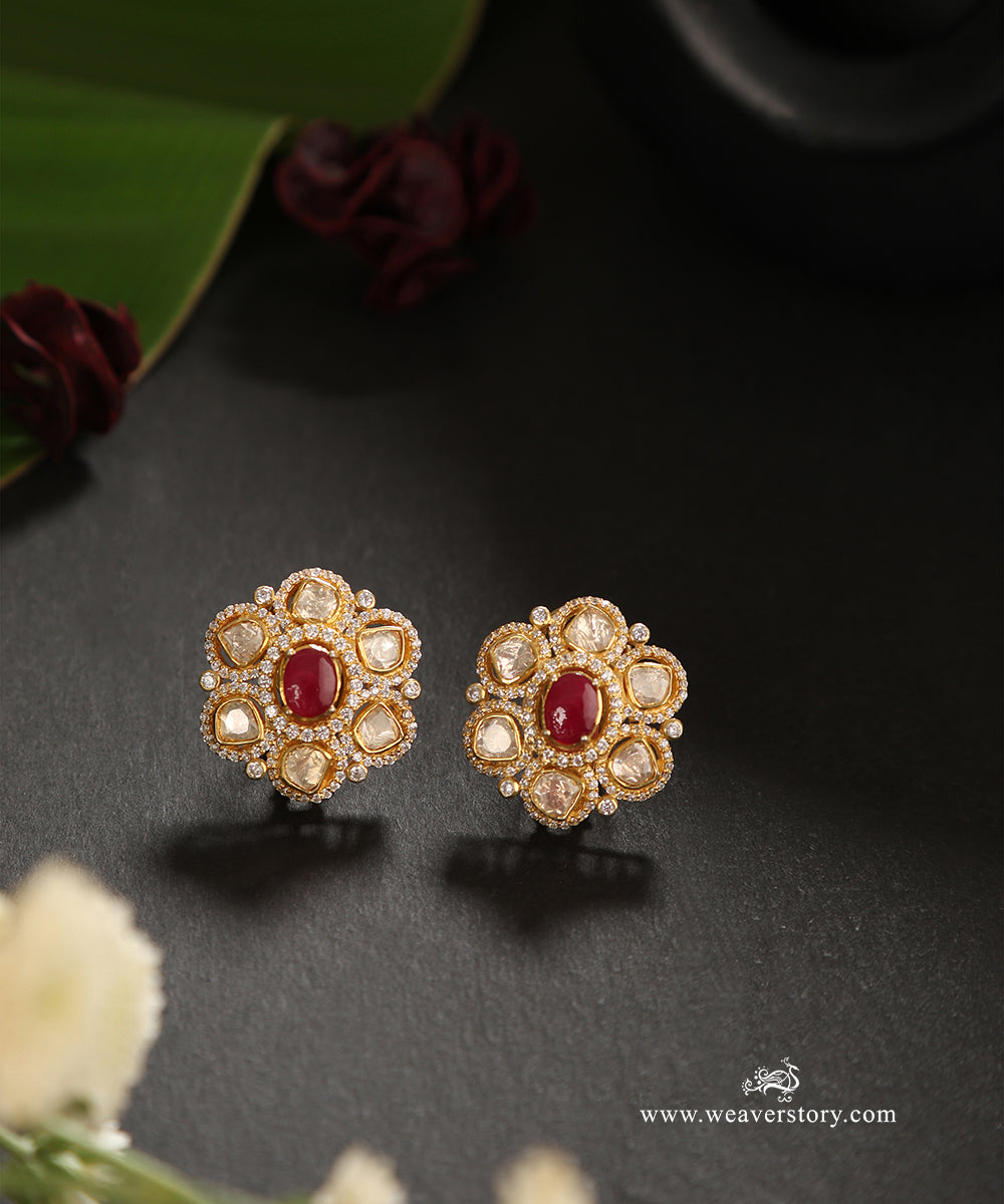 Nooreen_Handcrafted_Pure_Silver_Moissanite_Polki_With_Red_Semi_Precious_Stones_WeaverStory_01