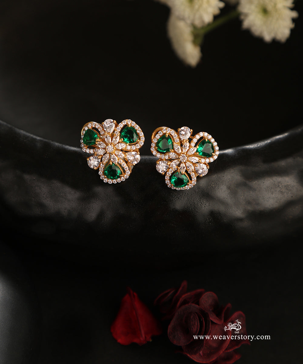 Dharika_Handcrafted_Pure_Silver_Moissanite_Studs_With_Green_Semi_Precious_Stones_WeaverStory_01