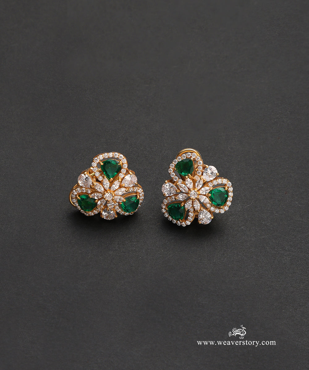 Dharika_Handcrafted_Pure_Silver_Moissanite_Studs_With_Green_Semi_Precious_Stones_WeaverStory_02