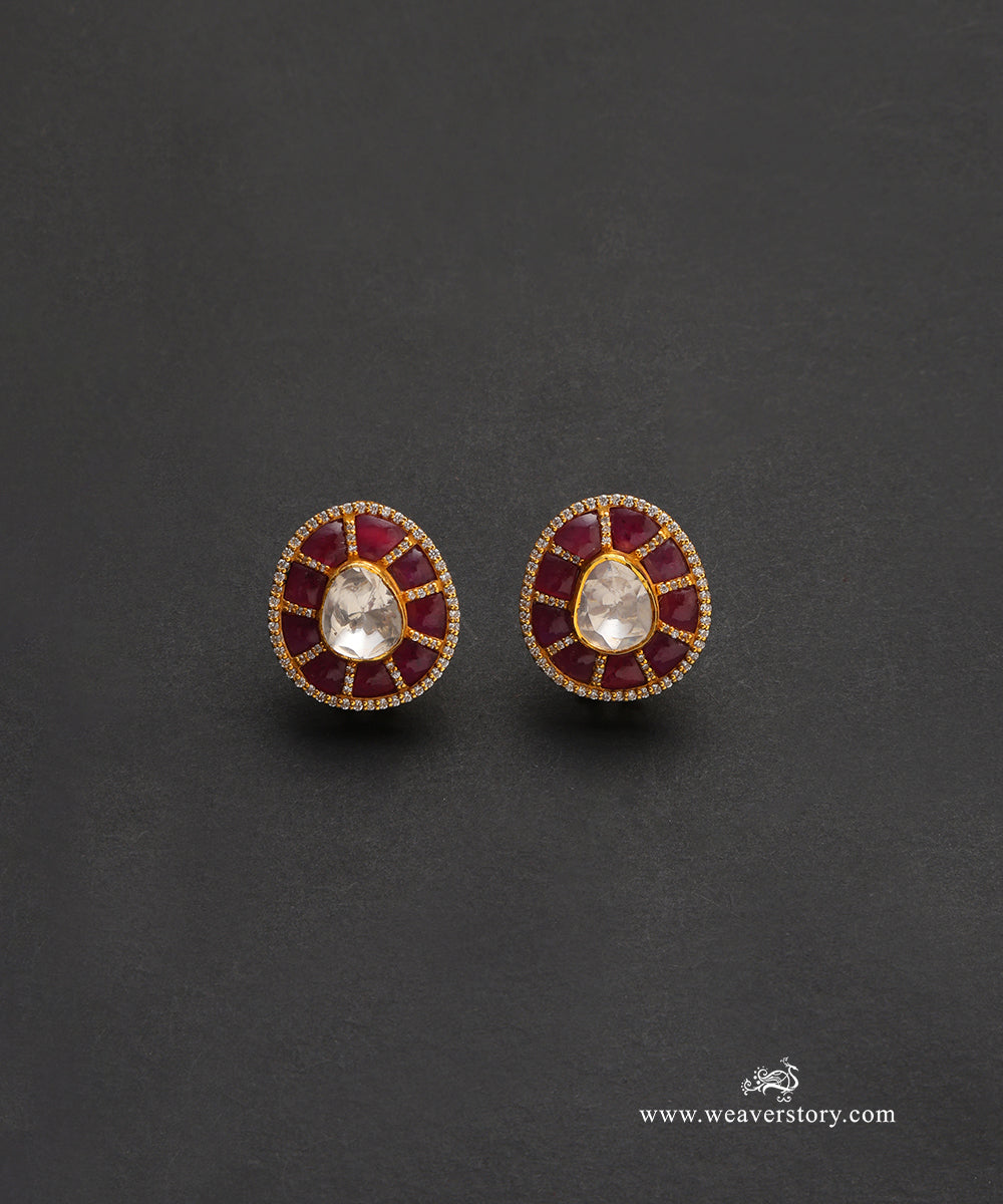 Lila_Handcrafted_Pure_Silver_Moissanite_Polki_Studs_With_Red_Semi_Precious_Stones_WeaverStory_02