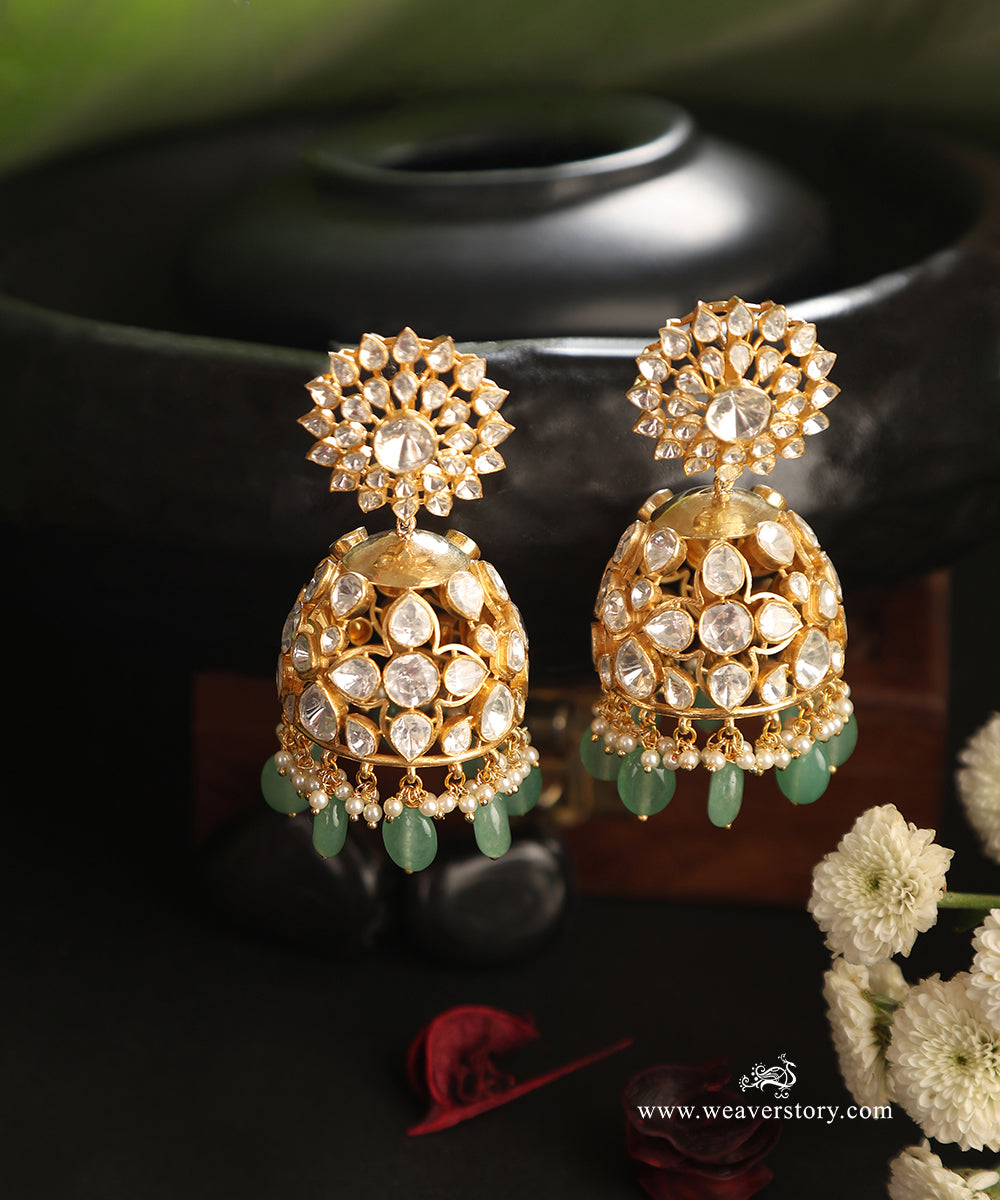 Irisha_Handcrafted_Pure_Silver_Moissanite_Polki_Green_Jhumki_WeaverStory_01