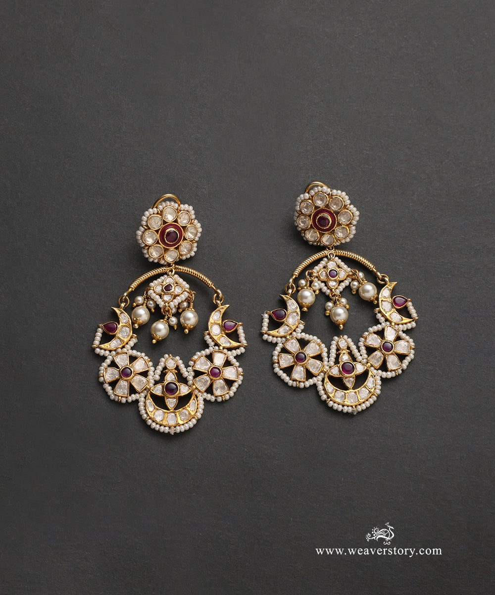 Ekisha_Handcrafted_Pure_Silver_Moissanite_Polki_Red_Chandbali_With_Pearls_WeaverStory_02