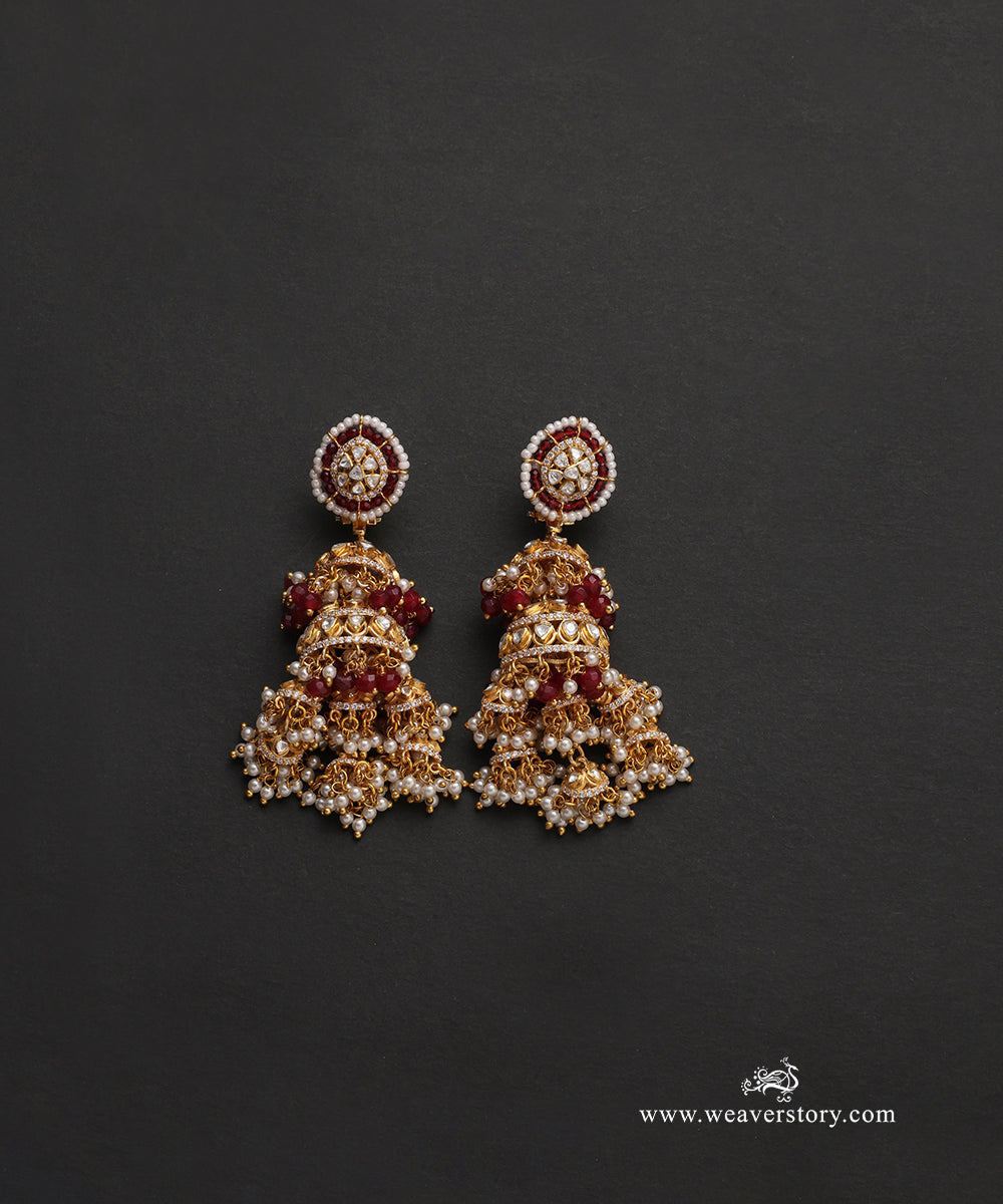 Drishti_Handcrafted_Pure_Silver_Moissanite_Polki_Red_Earrings_With_Pearls_WeaverStory_02