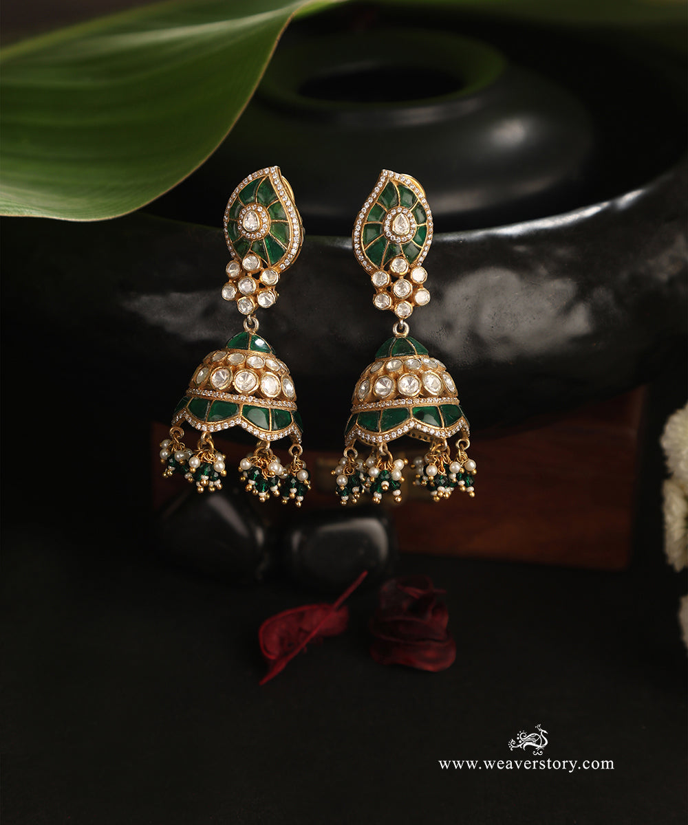 Nirvani_Handcrafted_Pure_Silver_Moissanite_Polki_Green_Jhumki_WeaverStory_01