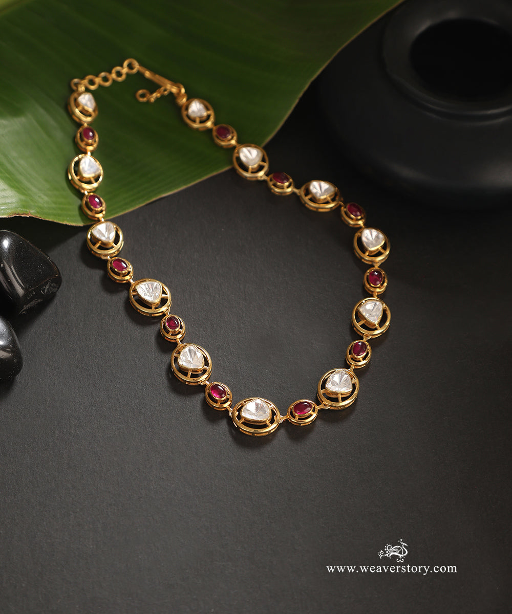 Mukta_Handcrafted_Pure_Silver_Moissanite_Polki_Necklace_With_Red_Semi_Precious_Stones_WeaverStory_01