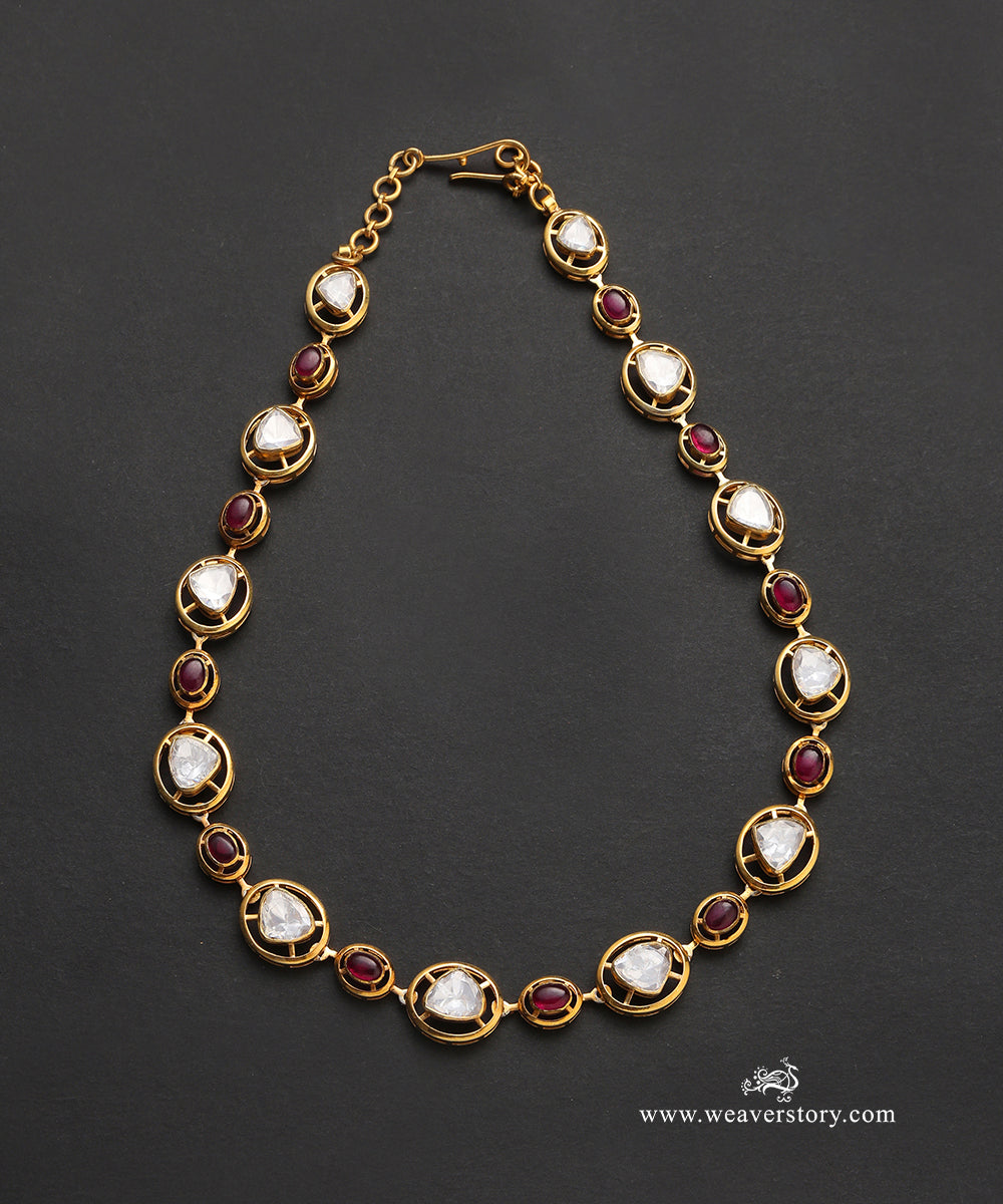Mukta_Handcrafted_Pure_Silver_Moissanite_Polki_Necklace_With_Red_Semi_Precious_Stones_WeaverStory_02