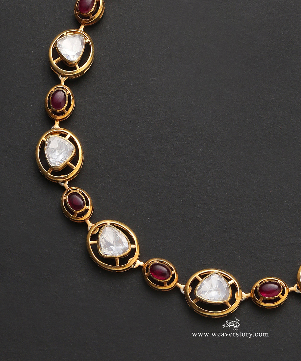 Mukta_Handcrafted_Pure_Silver_Moissanite_Polki_Necklace_With_Red_Semi_Precious_Stones_WeaverStory_03