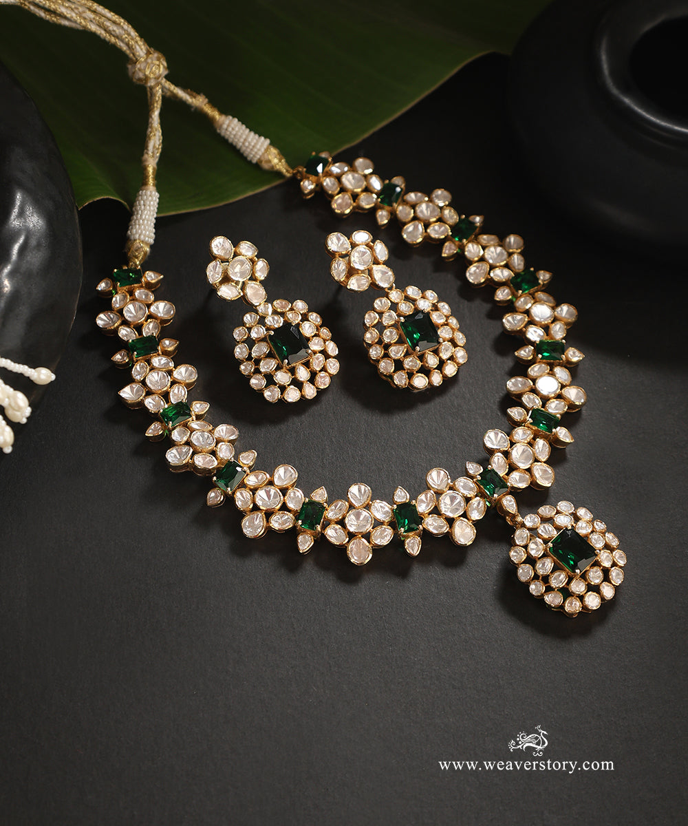 Sanika_Handcrafted_Pure_Silver_Moissanite_Polki_Necklace_Set_With_Green_Semi_Precious_Stones_WeaverStory_01