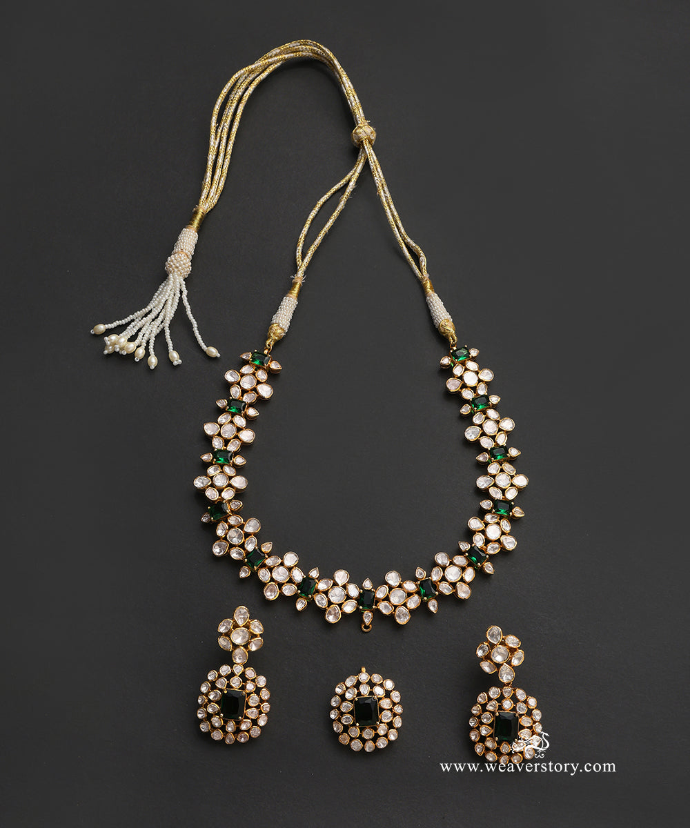 Sanika_Handcrafted_Pure_Silver_Moissanite_Polki_Necklace_Set_With_Green_Semi_Precious_Stones_WeaverStory_02