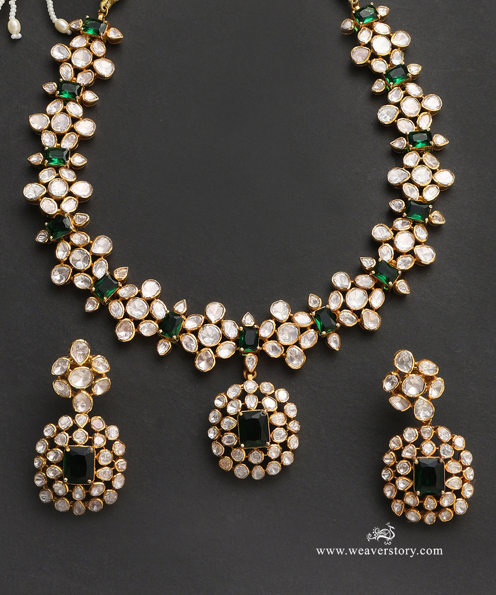 Sanika_Handcrafted_Pure_Silver_Moissanite_Polki_Necklace_Set_With_Green_Semi_Precious_Stones_WeaverStory_03