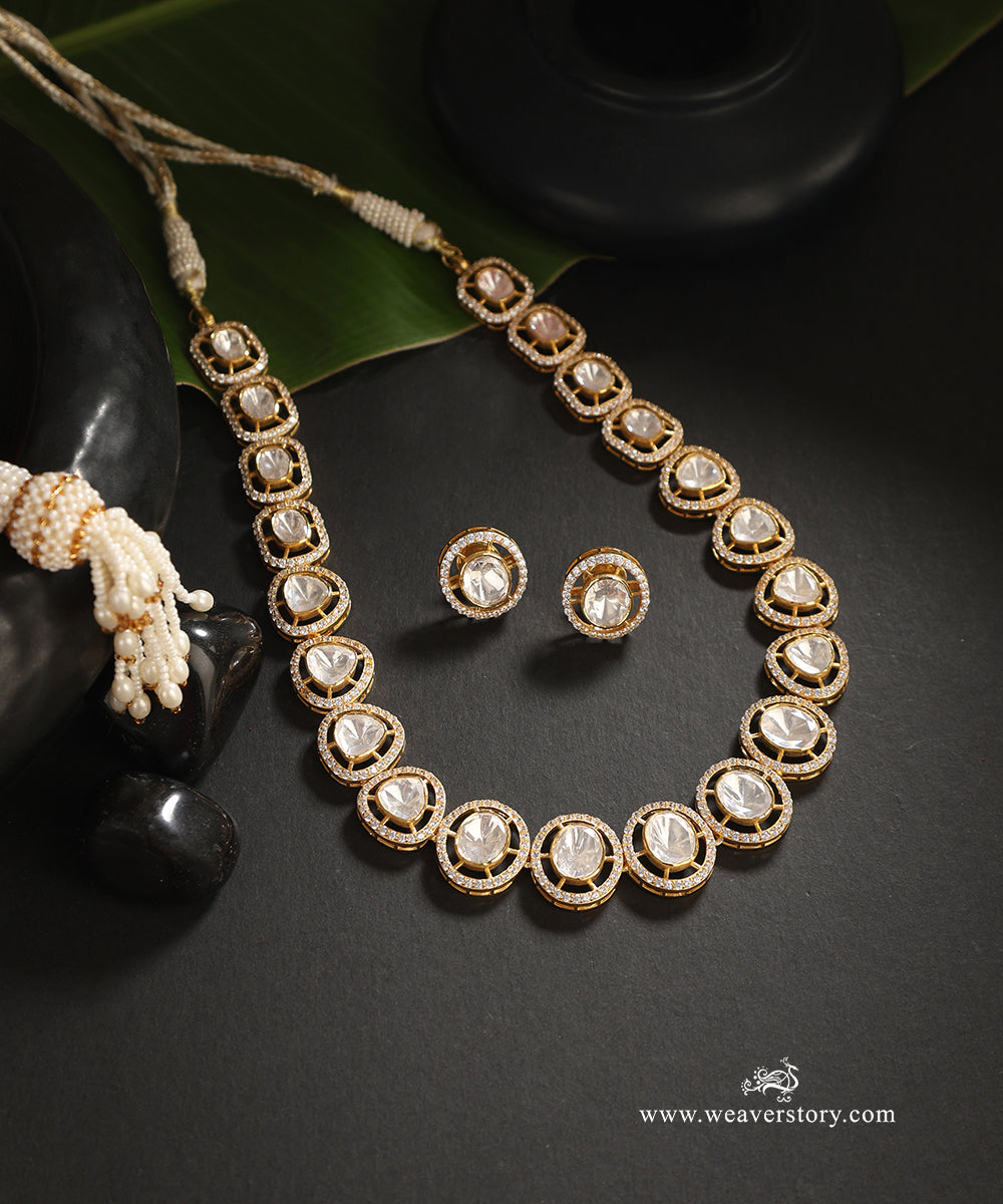 Eravati_Handcrafted_Pure_Silver_Moissanite_Polki_Necklace_Set_WeaverStory_01