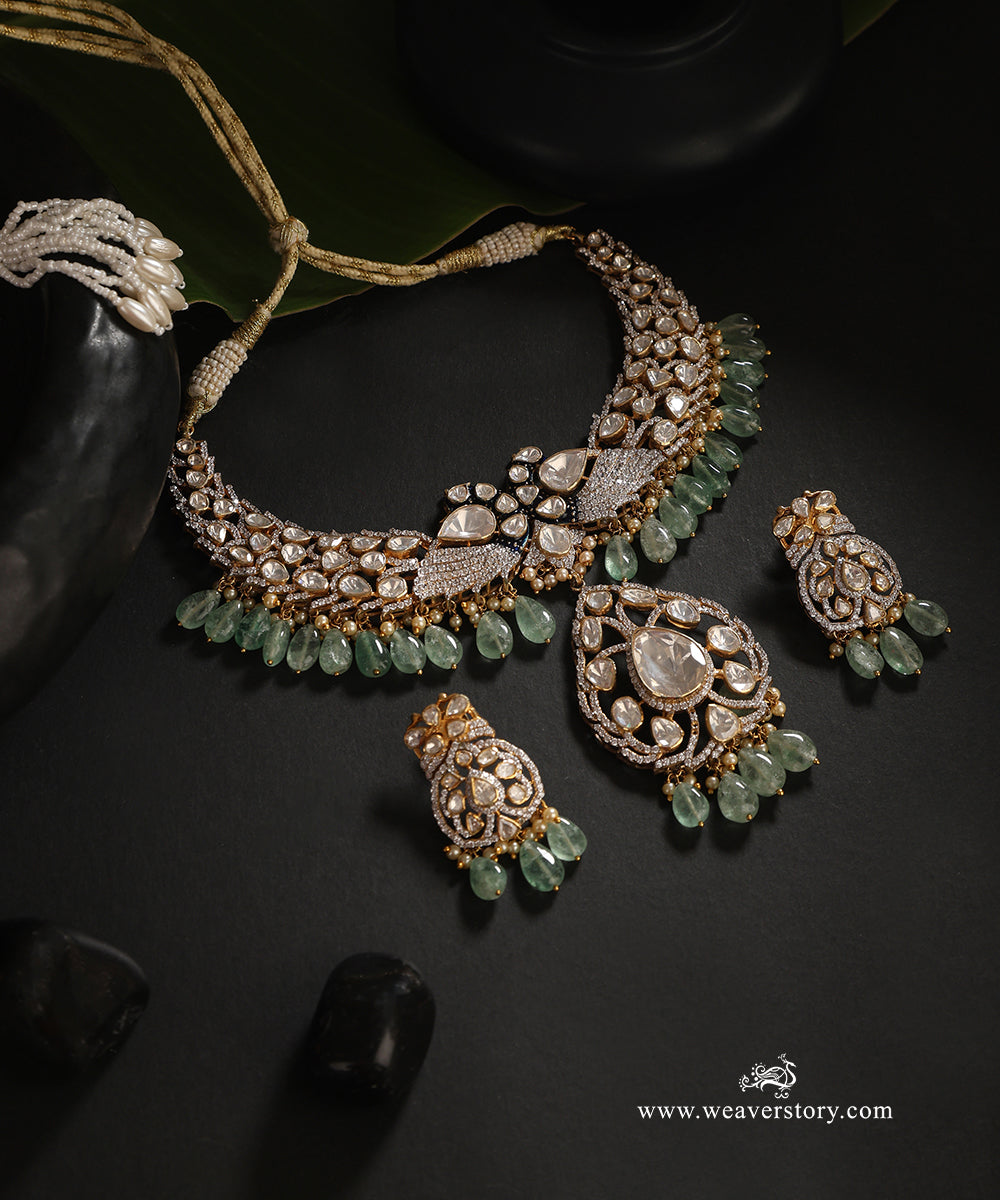 Aja_Handcrafted_Pure_Silver_Moissanite_Polki_Necklace_Set_With_Green_Semi_Precious_Stones_WeaverStory_01