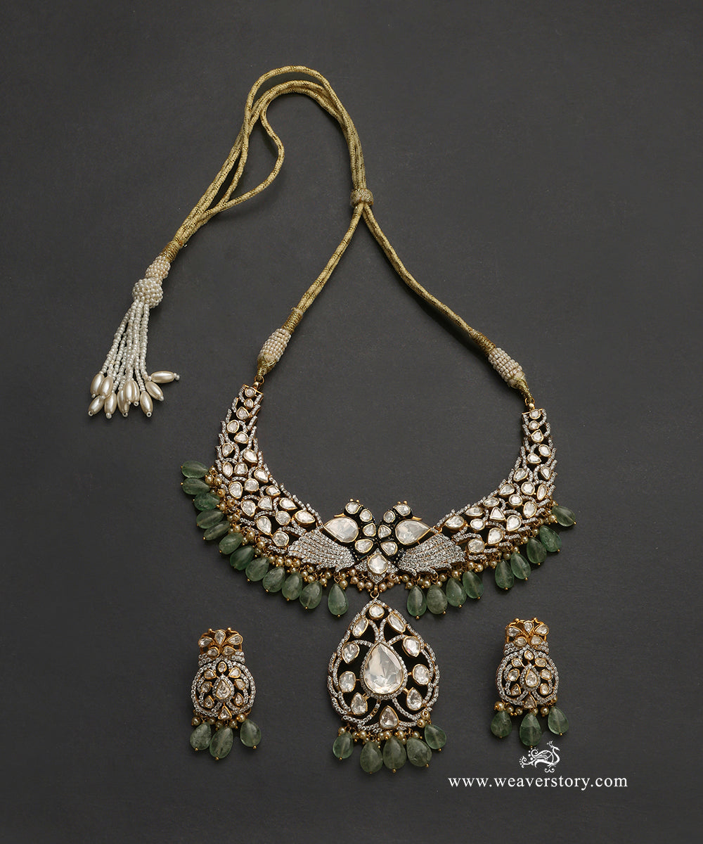 Aja_Handcrafted_Pure_Silver_Moissanite_Polki_Necklace_Set_With_Green_Semi_Precious_Stones_WeaverStory_02