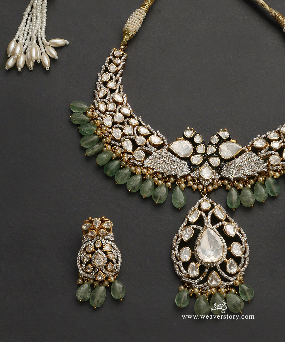 Aja_Handcrafted_Pure_Silver_Moissanite_Polki_Necklace_Set_With_Green_Semi_Precious_Stones_WeaverStory_03