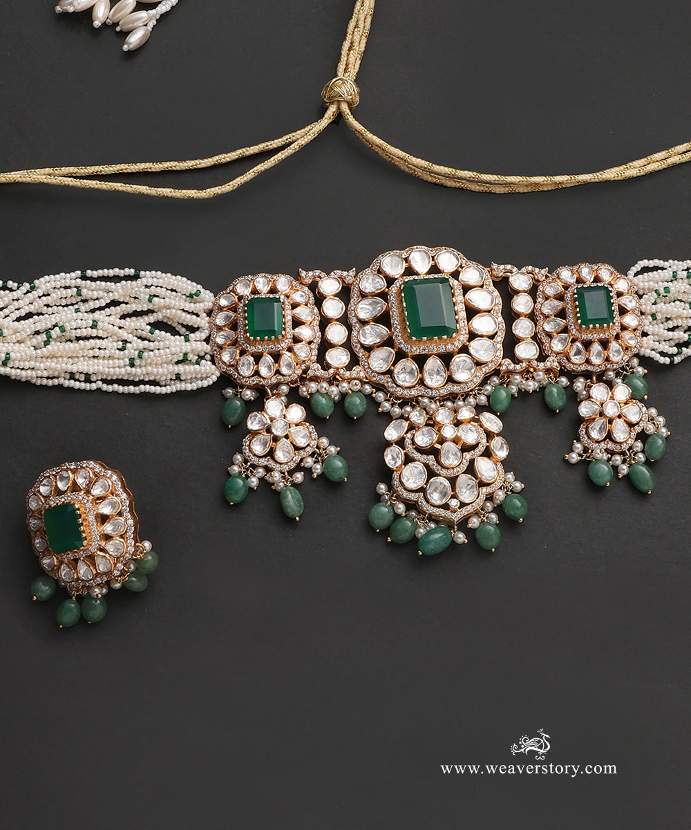 Adhvara_Handcrafted_Pure_Silver_Moissanite_Polki_Necklace_Set_With_Green_Semi_Precious_Stones_WeaverStory_03