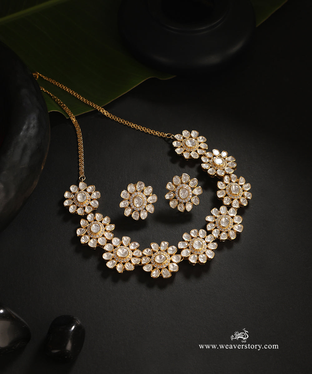 Ukti_Handcrafted_Pure_Silver_Moissanite_Polki_Necklace_Set_With_Floral_Motif_WeaverStory_01