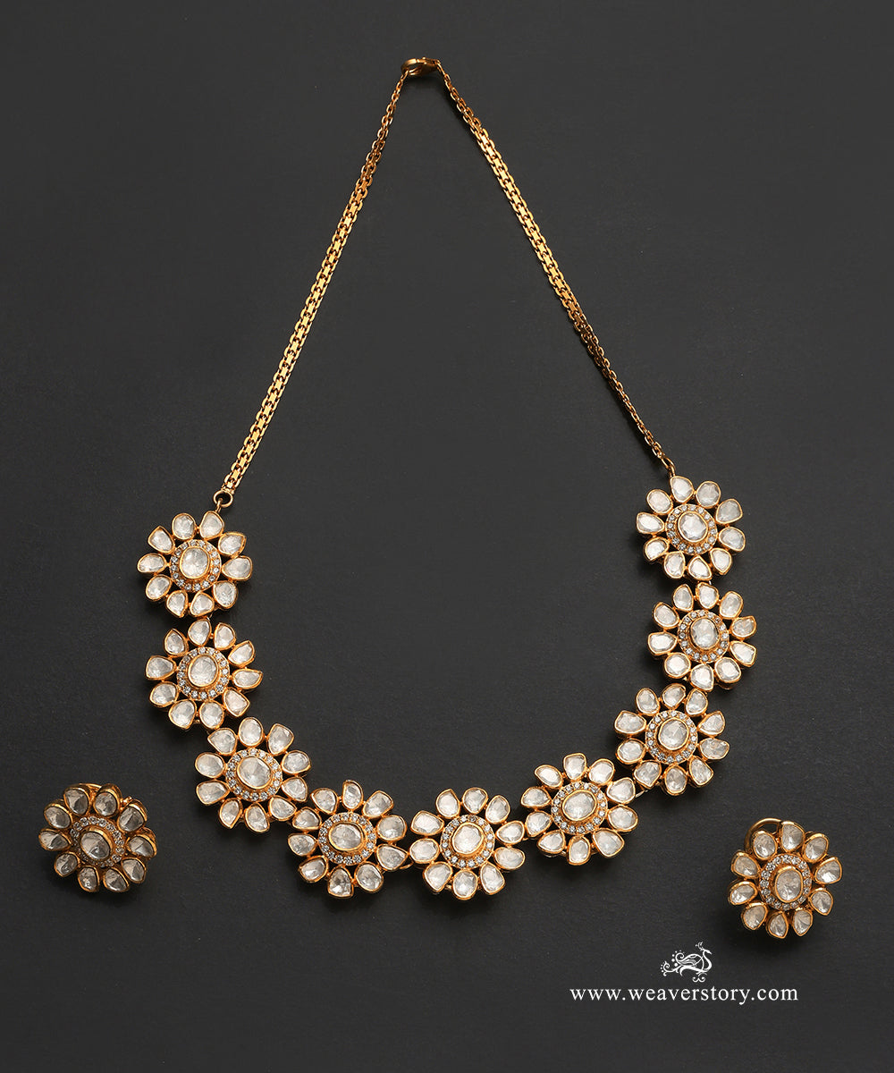 Ukti_Handcrafted_Pure_Silver_Moissanite_Polki_Necklace_Set_With_Floral_Motif_WeaverStory_02