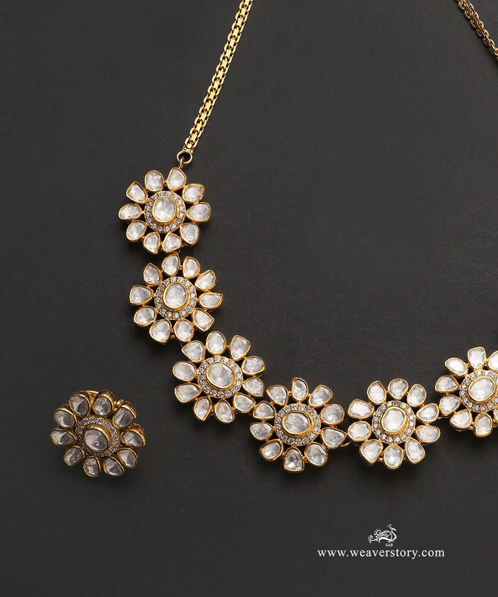 Ukti_Handcrafted_Pure_Silver_Moissanite_Polki_Necklace_Set_With_Floral_Motif_WeaverStory_03